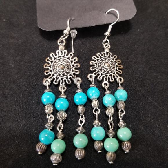 Tibetan Alloy Sun Chandeliers Dangle Earrings Silver & Turquoise Beards - Picture 1 of 3
